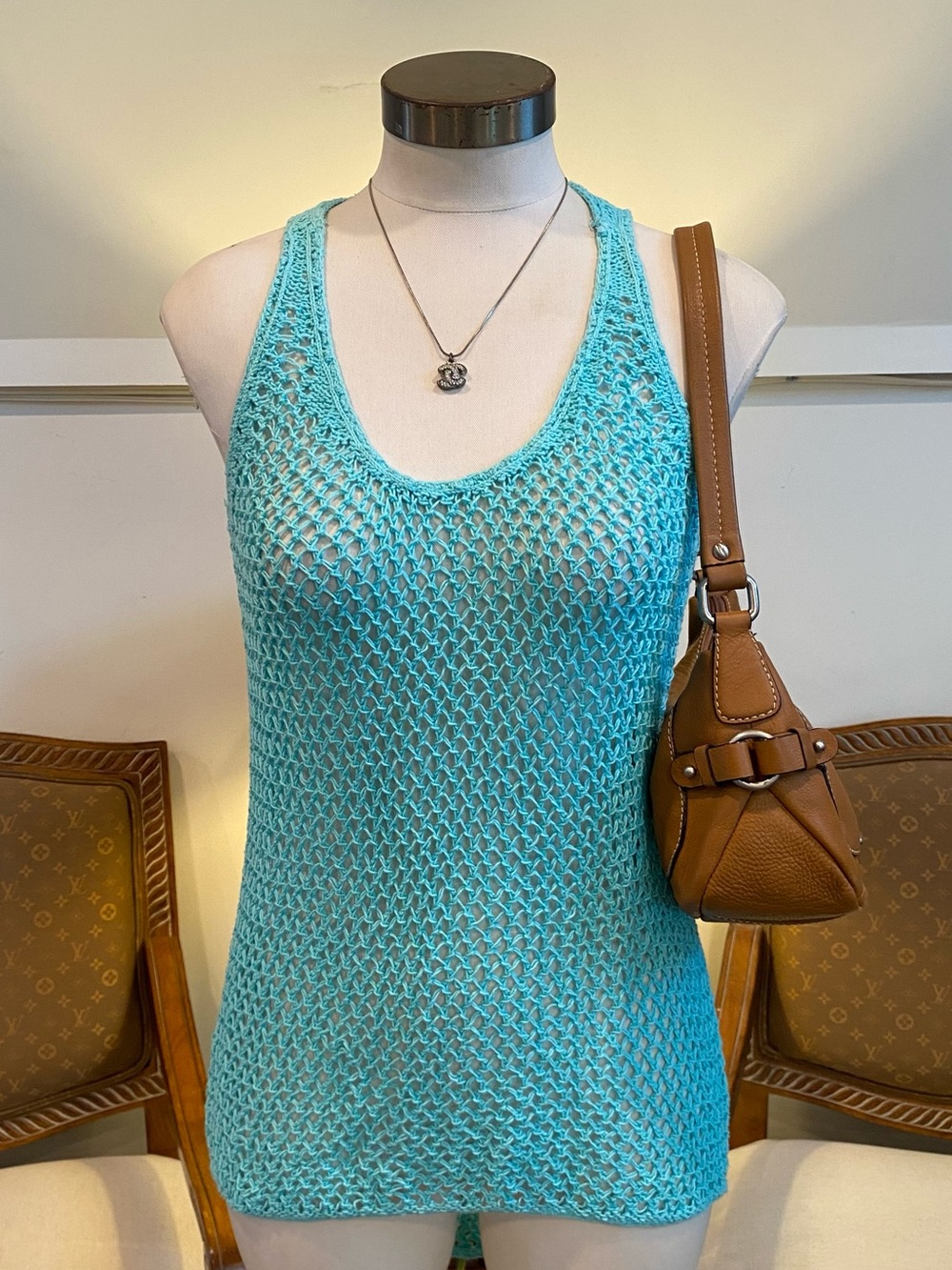 Michael Stars Aqua Cotton Crochet Knit Tank Top, Size Medium 1